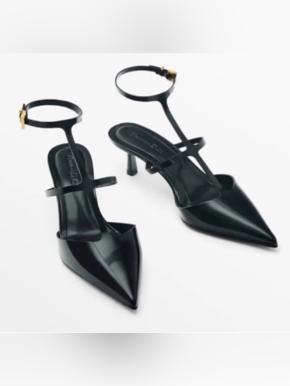 Black Patent MASSIMO DUTTI T-Strap Heels Pointed Toe Ankle-Strap Heels Size 38